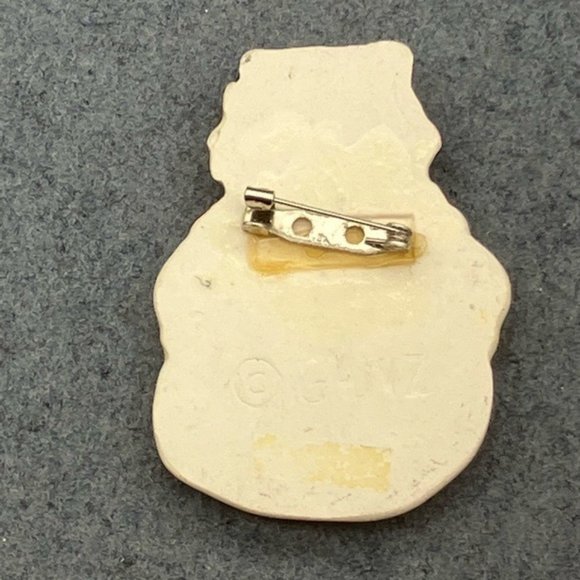 Christmas Pin Brooch Snowman Snowwoman White Crazed Red Bandana Black Hat Green - Picture 3 of 5